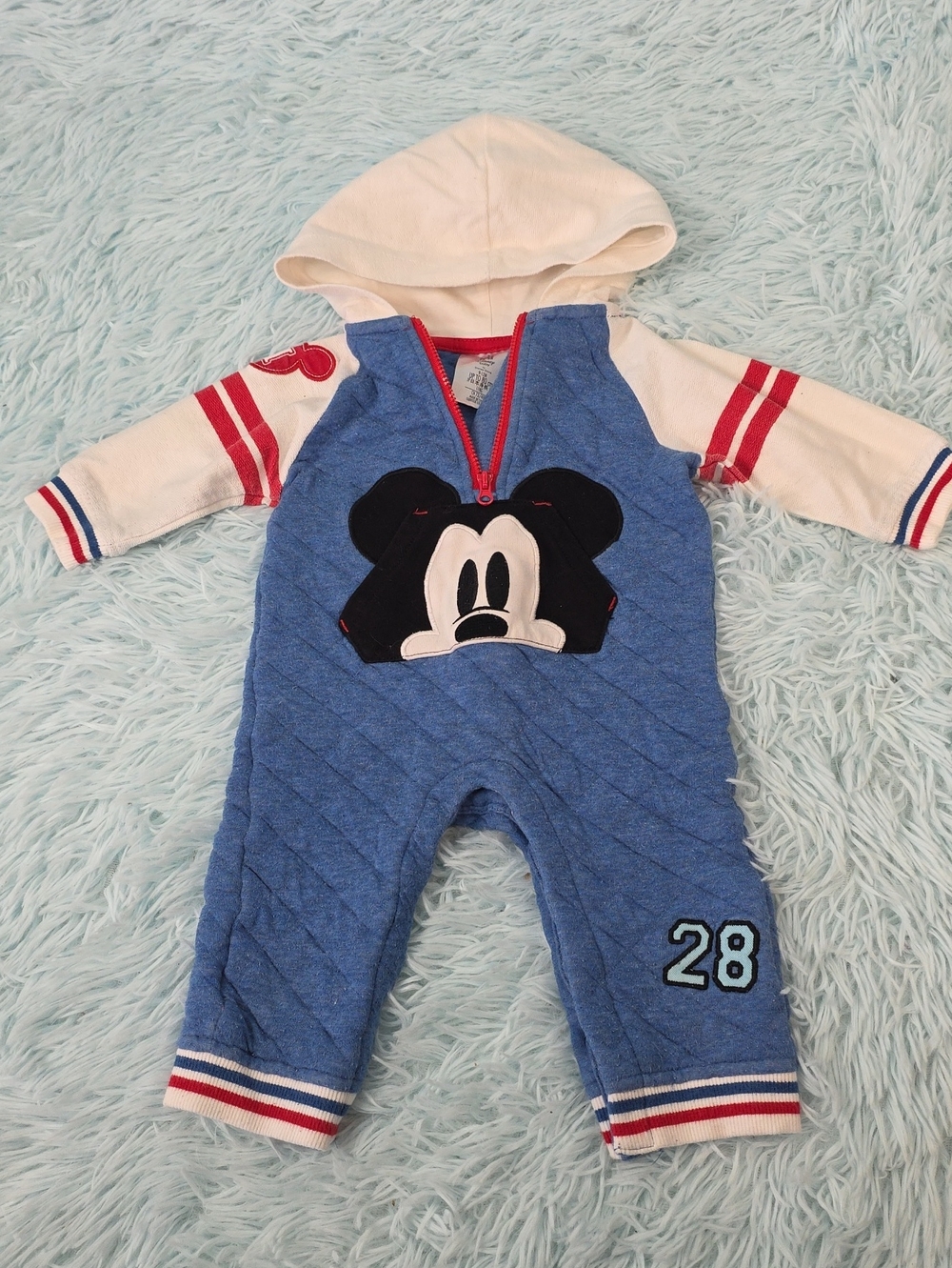 Disney Baby Mickey Mouse Blue Quilted Hooded Romper 9-12 months